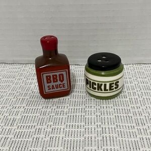 BBQ Sauce & Pickles Ceramic Salt and Pepper Shakers - Red and Green